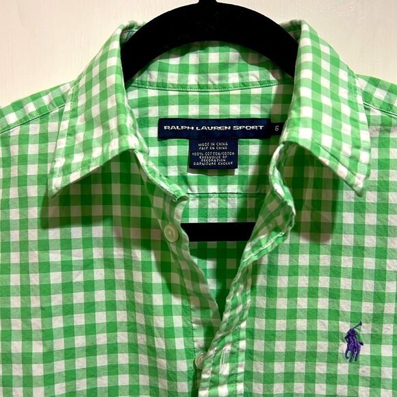 Ralph Lauren Sport Boys 6 Green White Gingham Button Up Shirt New w/o Tags! - Picture 2 of 7